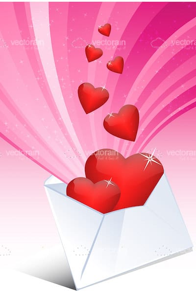 Red Hearts Escaping a White Envelope on a Pink Background